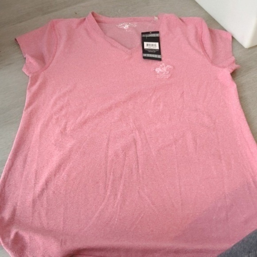 Beverly Hills Polo Club Womens V-Neck T-Shirt Pink Heather Embroidered Logo L